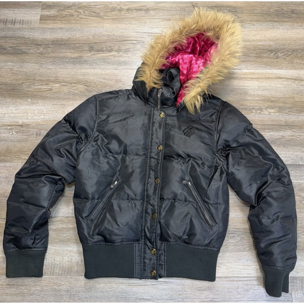 VTG Y2K Rocawear Black Puffer Jacket Womens L Pink Inner Lining Plush-Fur Hood